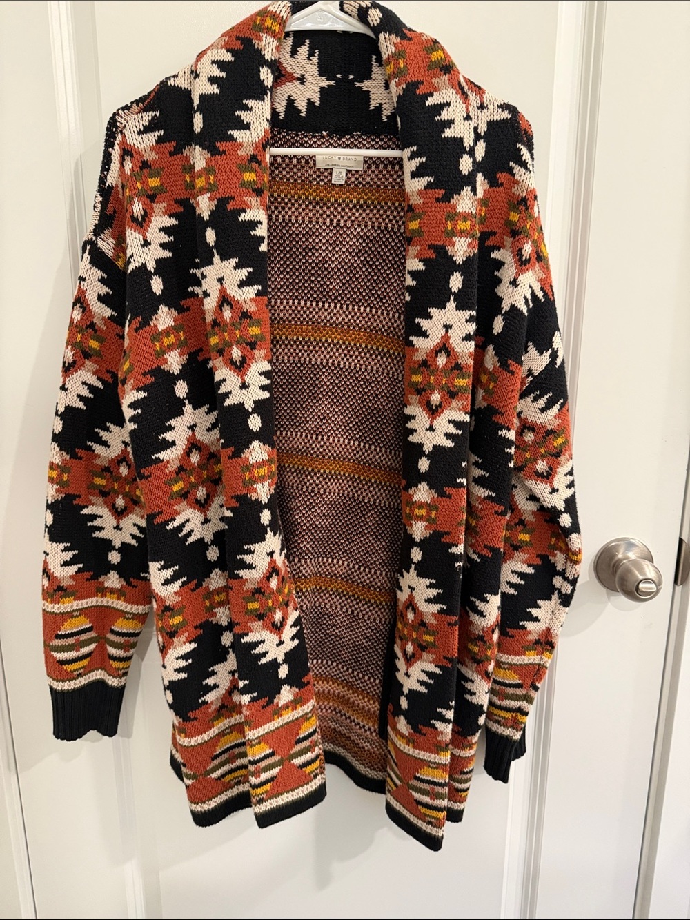 Lucky Brand Aztec Open-Front Cardigan - Black, Rust & Cream